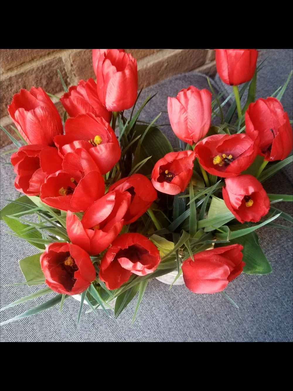 Red Tulips Artificial Arrangement in White Glazed Ceramic Planter